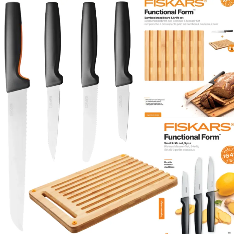 FISKARS FUNCTIONAL FORM 10577561+1057551 Komplet 4 noży kuchennych + deska do krojenia 35x25 cm w pudełku