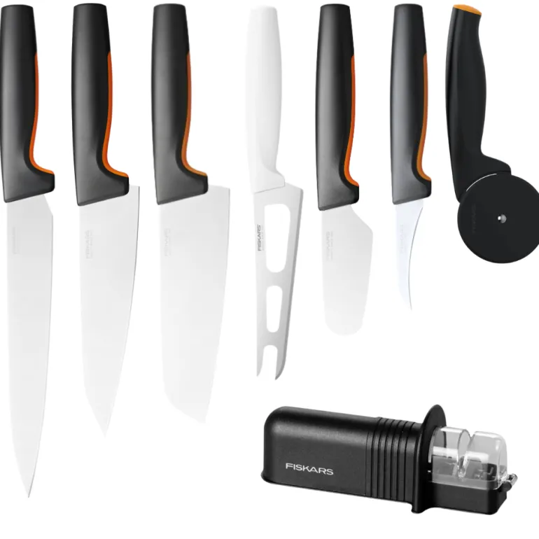 FISKARS FUNCTIONAL FORM Komplet 7 noży kuchennych luzem + Ostrzałka ESSENTIAL