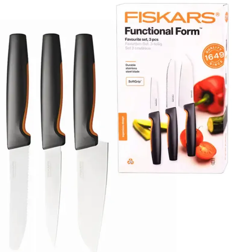 FISKARS FUNCTIONAL FORM 1057556+1057557+1057564 Komplet 8 noży kuchennych (3+2+3) w pudełkach + ostrzałka ESSENTIAL