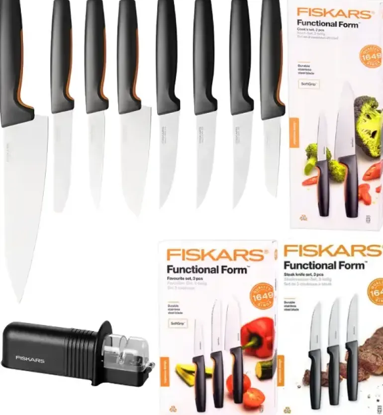 FISKARS FUNCTIONAL FORM 1057556+1057557+1057564 Komplet 8 noży kuchennych (3+2+3) w pudełkach + ostrzałka ESSENTIAL