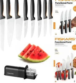 FISKARS FUNCTIONAL FORM 1057558+1057564 Komplet 8 noży (5+3) w pudełkach + ostrzałka ESSENTIAL