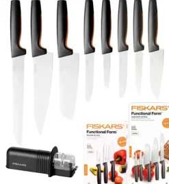 FISKARS FUNCTIONAL FORM 1057556+1057558 Komplet 8 noży (3+5) w pudełkach + ostrzałka ESSENTIAL