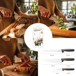 FISKARS FUNCTIONAL FORM 1057559 Komplet 3 noży kuchennych STARTER SET w pudełku + Ostrzałka ESSENTIAL