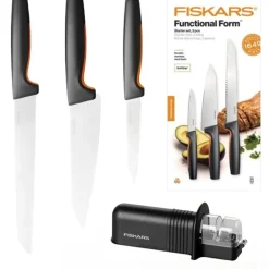 FISKARS FUNCTIONAL FORM 1057559 Komplet 3 noży kuchennych STARTER SET w pudełku + Ostrzałka ESSENTIAL