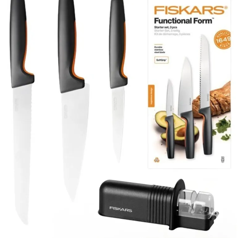 FISKARS FUNCTIONAL FORM 1057559 Komplet 3 noży kuchennych STARTER SET w pudełku + Ostrzałka ESSENTIAL