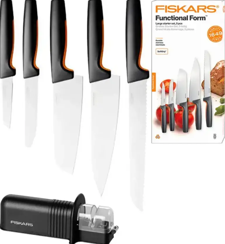 FISKARS FUNCTIONAL FORM 1057558 Komplet 5 noży kuchennych STARTER SET w pudełku + ostrzałka Fiskars Essential