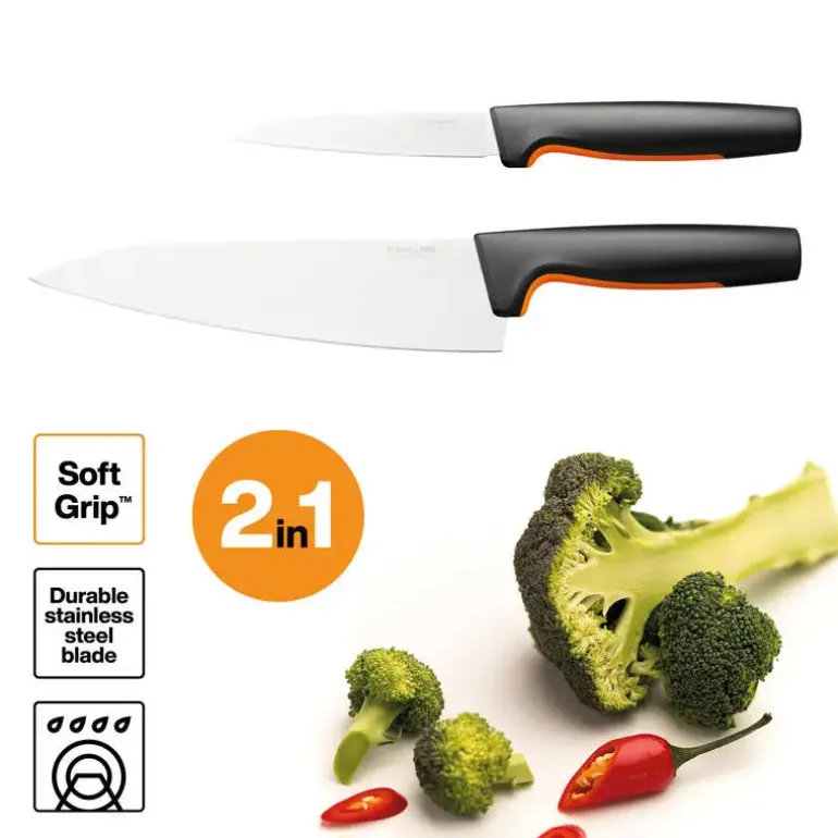 FISKARS FUNCTIONAL FORM 1057557+1057551 Komplet 3 noży kuchennych + deska do krojenia 35x25 cm w pudełku