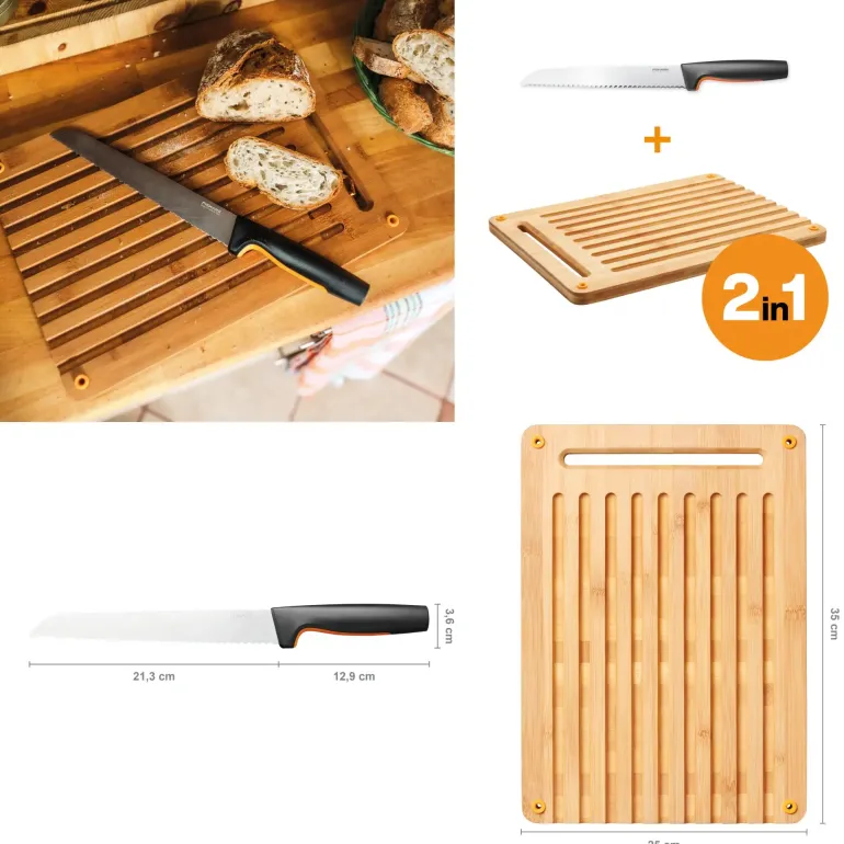FISKARS FUNCTIONAL FORM 1057557+1057551 Komplet 3 noży kuchennych + deska do krojenia 35x25 cm w pudełku