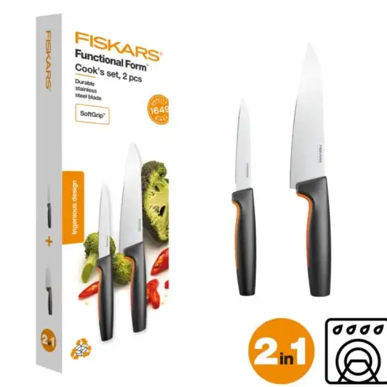 FISKARS FUNCTIONAL FORM 1057557+1057551 Komplet 3 noży kuchennych + deska do krojenia 35x25 cm w pudełku