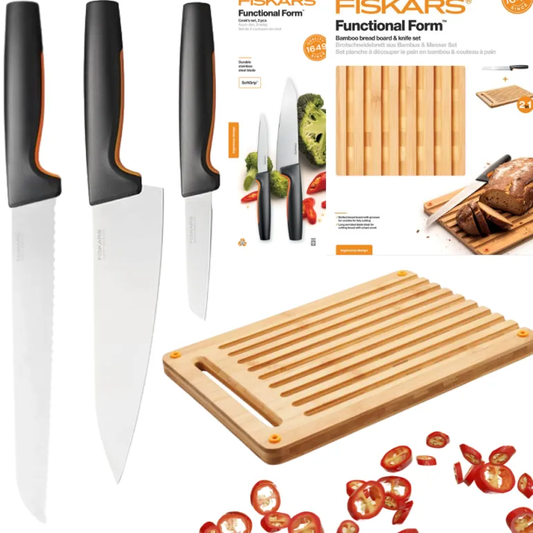 FISKARS FUNCTIONAL FORM 1057557+1057551 Komplet 3 noży kuchennych + deska do krojenia 35x25 cm w pudełku