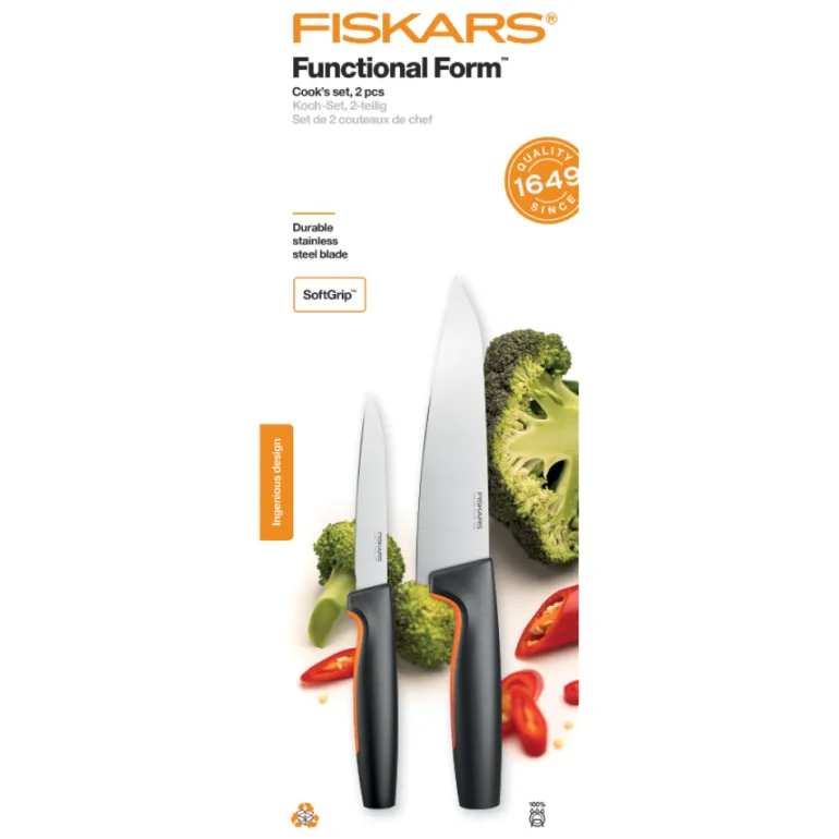 FISKARS FUNCTIONAL FORM 1057557+1057551 Komplet 3 noży kuchennych + deska do krojenia 35x25 cm w pudełku