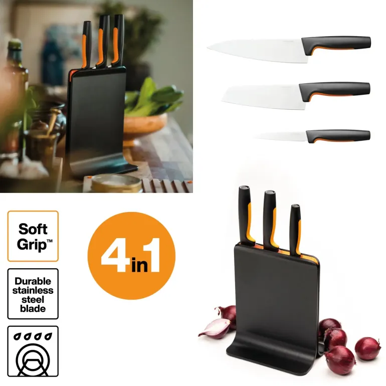 FISKARS FUNCTIONAL FORM 1057555 Komplet 3 noży w bloku czarnym + ostrzałka Fiskars Edge