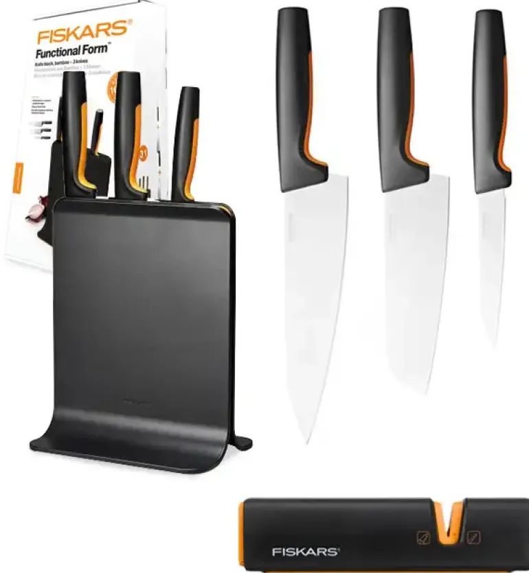 FISKARS FUNCTIONAL FORM 1057555 Komplet 3 noży w bloku czarnym + ostrzałka Fiskars Edge