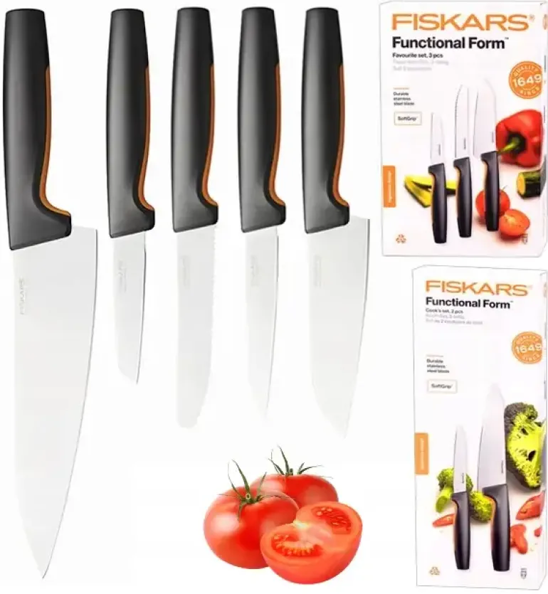 FISKARS FUNCTIONAL FORM 1057556+1057557 Komplet 5 noży kuchennych (3+2) pudełkach + OSTRZAŁKA