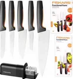 FISKARS FUNCTIONAL FORM 1057556+1057557 Komplet 5 noży kuchennych (3+2) pudełkach + OSTRZAŁKA
