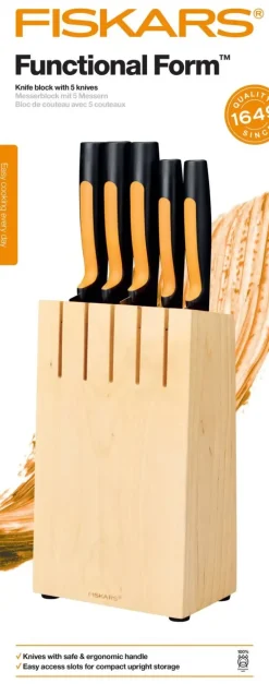 FISKARS FUNCTIONAL FORM Komplet 5 noży kuchennych w bloku drewnianym + Ostrzałka Edge