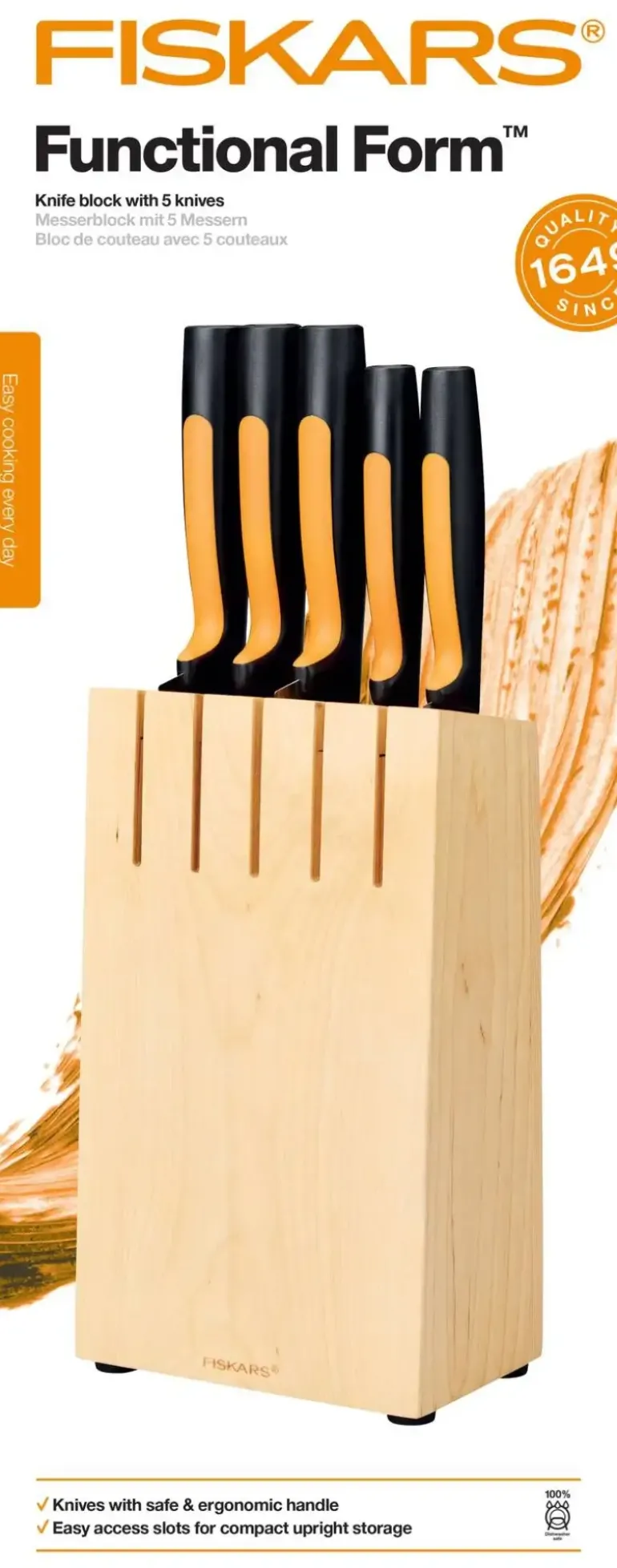 FISKARS FUNCTIONAL FORM Komplet 5 noży kuchennych w bloku drewnianym + Ostrzałka Edge