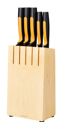 FISKARS FUNCTIONAL FORM Komplet 5 noży kuchennych w bloku drewnianym + Ostrzałka Edge