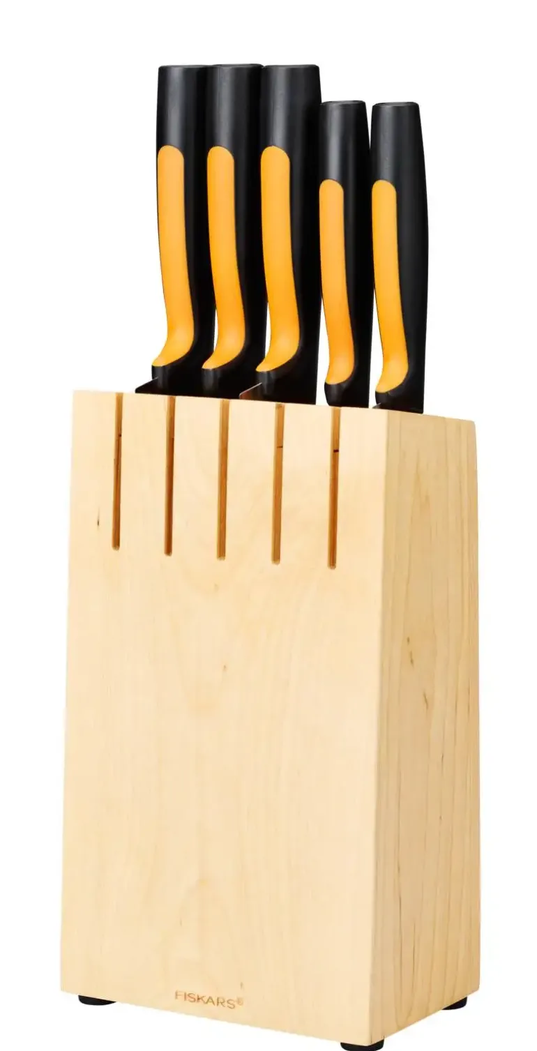 FISKARS FUNCTIONAL FORM Komplet 5 noży kuchennych w bloku drewnianym + Ostrzałka Edge