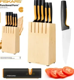 FISKARS FUNCTIONAL FORM Komplet 5 noży kuchennych w bloku drewnianym + Ostrzałka Edge