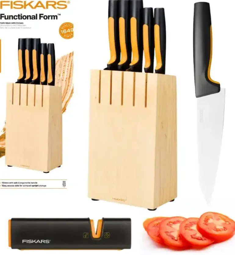 FISKARS FUNCTIONAL FORM Komplet 5 noży kuchennych w bloku drewnianym + Ostrzałka Edge
