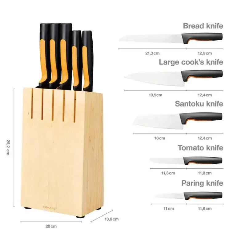 FISKARS FUNCTIONAL FORM Komplet 5 noży kuchennych w bloku drewnianym + Ostrzałka Edge