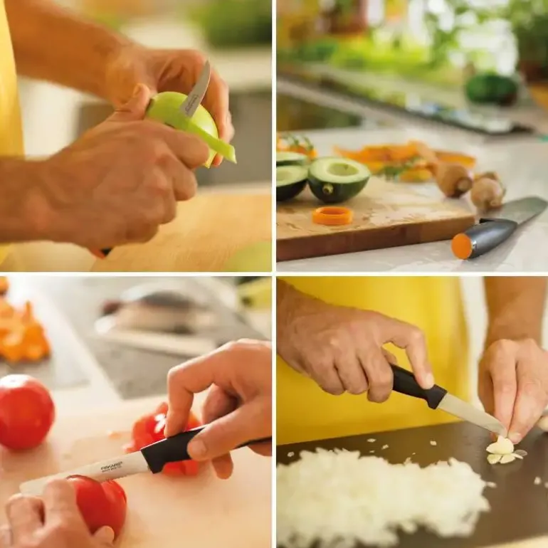 FISKARS FUNCTIONAL FORM Komplet 5 noży kuchennych w bloku drewnianym + Ostrzałka Edge