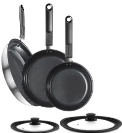 FISKARS FUNCTIONAL FORM Komplet patelni 20, 24, 28 cm + pokrywki silikonowe TADAR + Wok / powłoka Ceratec™