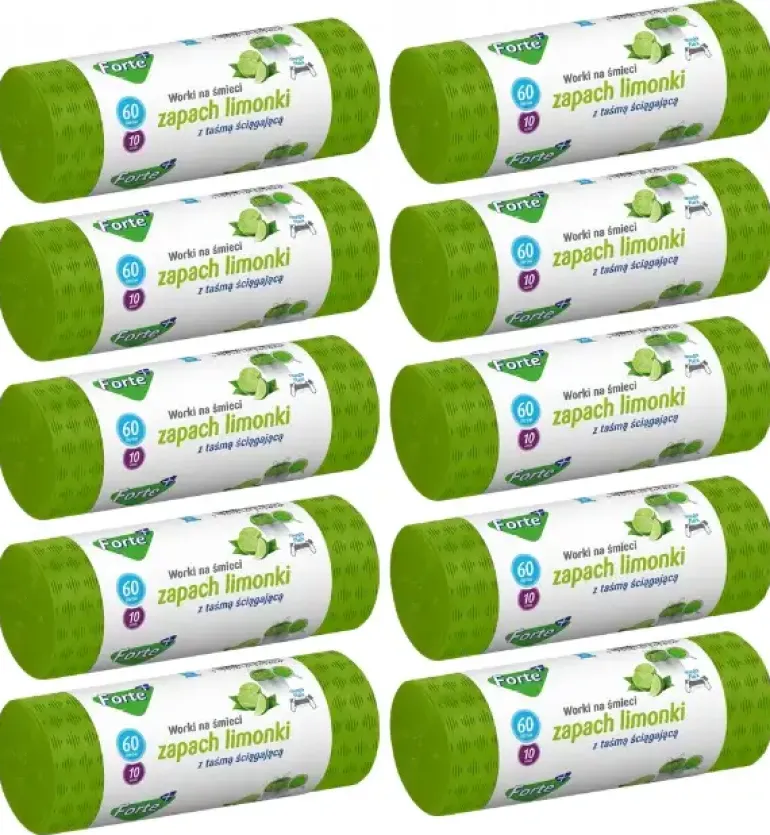 FORTE+ Komplet 10x Worki na śmieci 60 L / 10 szt. / LDPE / z taśmą / moletowane (z przetłoczeniami) / zapach limonka