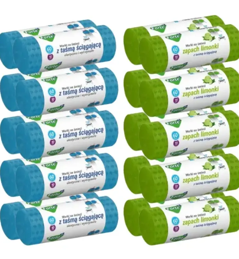 FORTE+ Komplet 10x Worki na śmieci 60 L | 10 szt.+ 10x Worki na śmieci 60 L | 10 szt. (zapach limonka) / LDPE / z taśmą i przetłoczeniami