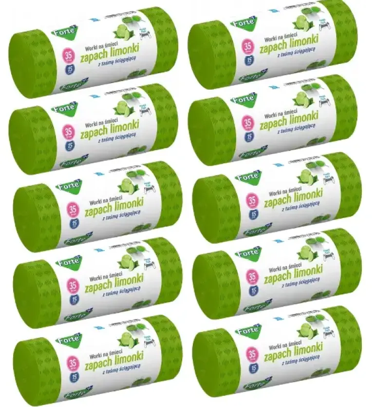 FORTE+ Komplet 10x Worki na śmieci 35 L / 15 szt. / LDPE / z taśmą / moletowane (z przetłoczeniami) / zapach limonka