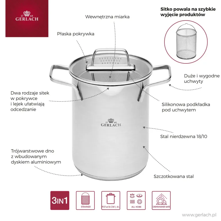 GERLACH AMBIENTE Garnek wysoki 4 l z sitkiem i pokrywką 16 cm / stal nierdzewna