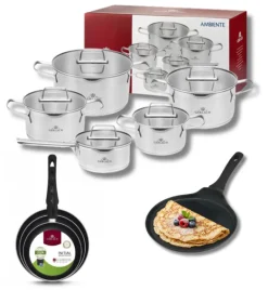 GERLACH AMBIENTE Komplet Garnki z pokrywkami 10 el + Patelnie Initial 20, 24, 28 cm + patelnia naleśnikowa 26 cm / stal nierdzewna / indukcja