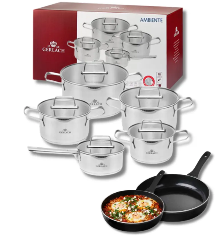GERLACH AMBIENTE Komplet Garnki z pokrywkami 10 el + Patelnie Harmony Classic 20, 28 cm / stal nierdzewna / indukcja