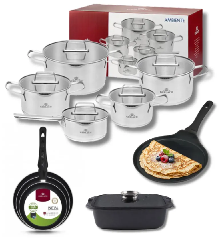 GERLACH AMBIENTE Komplet Garnki z pokrywkami 10 el + Patelnie Initial 20, 24, 28 cm + patelnia naleśnikowa 26 cm + brytfanna / stal nierdzewna / indukcja