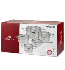 GERLACH AMBIENTE Komplet Garnki z pokrywkami 10 el + Patelnie Initial 20, 24, 28 cm / stal nierdzewna / indukcja
