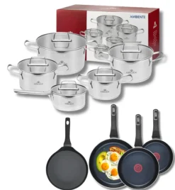 GERLACH AMBIENTE Komplet Garnki z pokrywkami 10 el + Patelnie Ambiente ThermoCoat 20, 24, 28 cm + patelnia naleśnikowa 26 cm / stal nierdzewna / indukcja