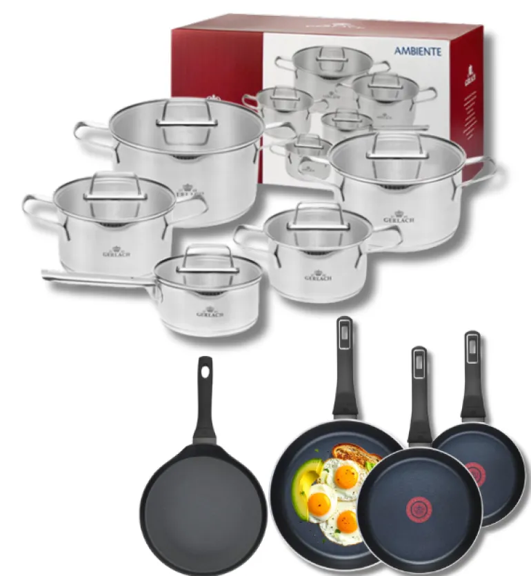 GERLACH AMBIENTE Komplet Garnki z pokrywkami 10 el + Patelnie Ambiente ThermoCoat 20, 24, 28 cm + patelnia naleśnikowa 26 cm / stal nierdzewna / indukcja