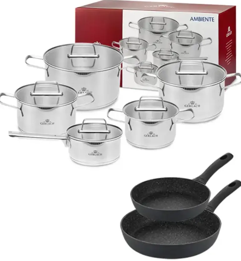 GERLACH AMBIENTE Komplet Garnki z pokrywkami 10 el + Patelnie Granitex 20, 28 cm / stal nierdzewna / indukcja