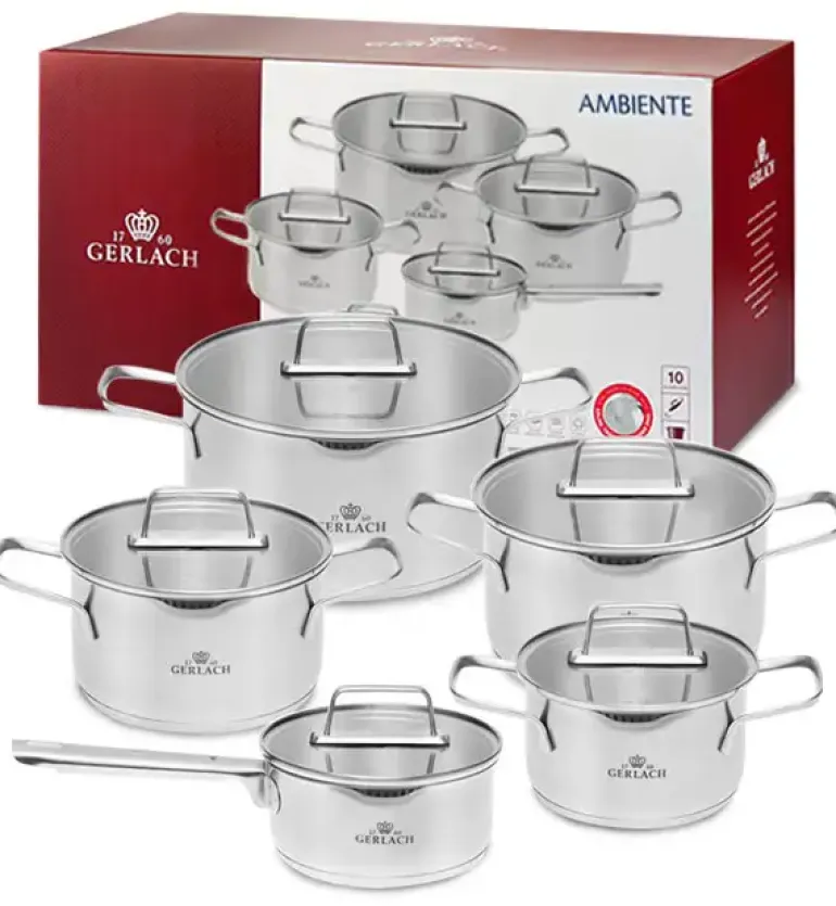 GERLACH AMBIENTE Komplet Garnki z pokrywkami 10 el + Garnki Ambiente 7 l i 10 l + Brytfanna Granitex / stal nierdzewna