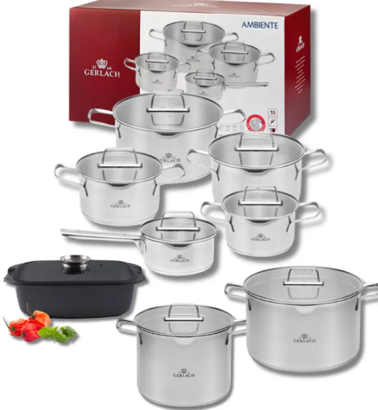 GERLACH AMBIENTE Komplet Garnki z pokrywkami 10 el + Garnki Ambiente 7 l i 10 l + Brytfanna Granitex / stal nierdzewna