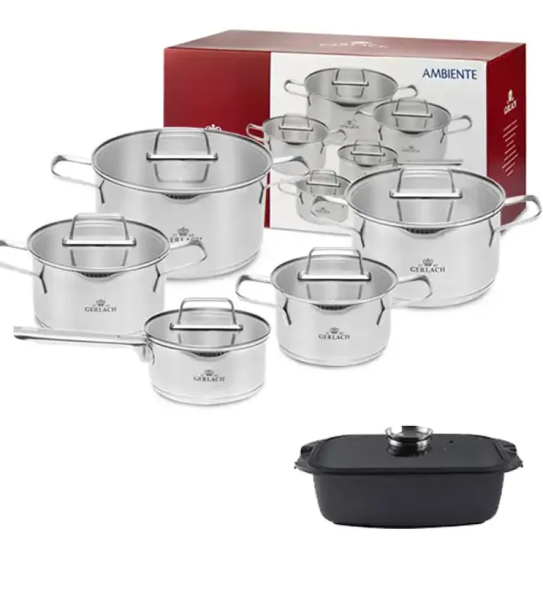 GERLACH AMBIENTE Komplet Garnki z pokrywkami 10 el + Brytfanna Granitex 32 cm / stal nierdzewna / indukcja