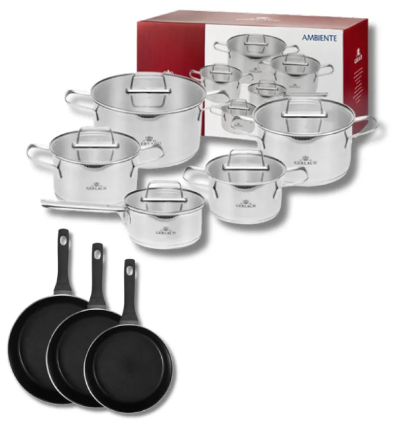 GERLACH AMBIENTE Komplet Garnki z pokrywkami 10 el + Patelnie Harmony Classic 20, 24, 28 cm / stal nierdzewna / indukcja
