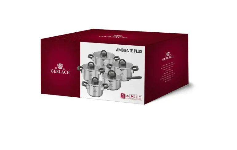 GERLACH AMBIENTE PLUS Komplet Garnki z pokrywkami 10 el - stal nierdzewna 18/10 + Patelnia Gerlach Ambiente ThermoCoat 20, 24, 28 cm + Patelnia naleśnikowa 26 cm