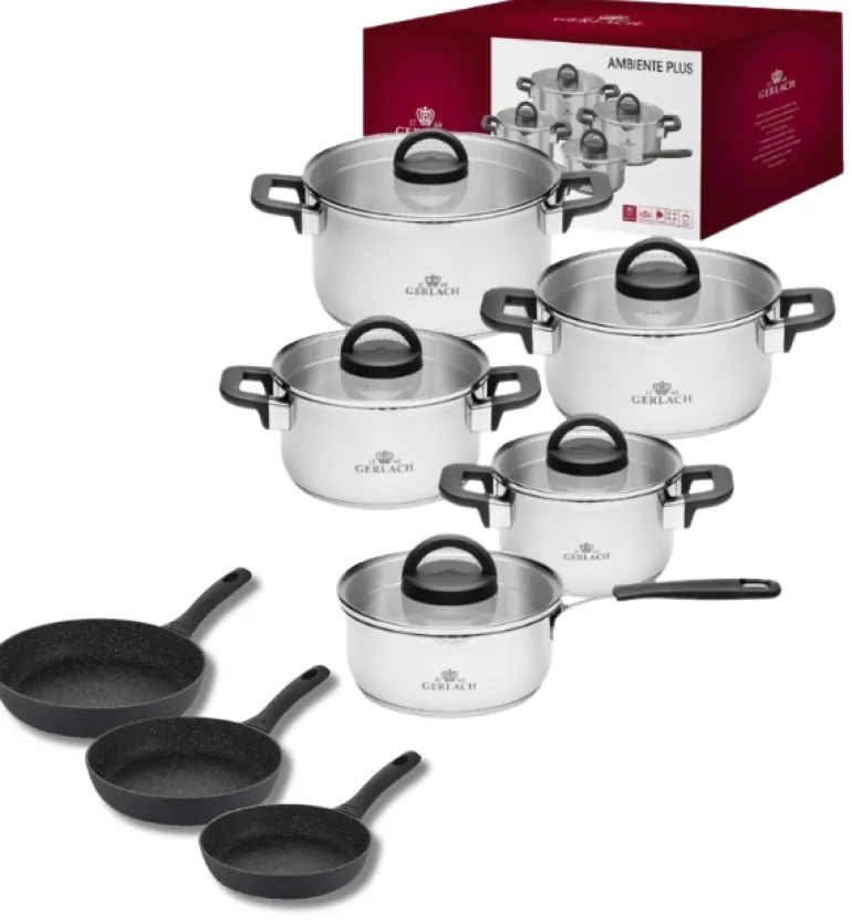 GERLACH AMBIENTE PLUS Komplet Garnki z pokrywkami 10 el - stal nierdzewna 18/10 + Patelnia Granitex 20, 24, 28 cm