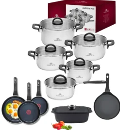 GERLACH AMBIENTE PLUS Komplet Garnki z pokrywkami 10 el - stal nierdzewna 18/10 + Patelnia Gerlach Ambiente ThermoCoat 20, 24, 28 cm + Patelnia naleśnikowa 26 cm+ Brytfanna Granitex