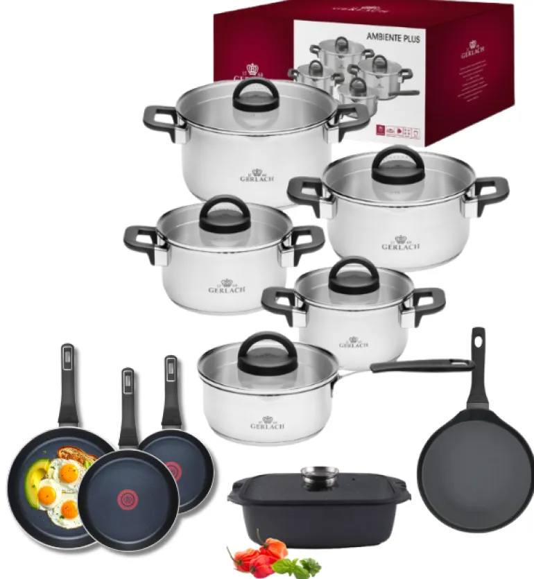 GERLACH AMBIENTE PLUS Komplet Garnki z pokrywkami 10 el - stal nierdzewna 18/10 + Patelnia Gerlach Ambiente ThermoCoat 20, 24, 28 cm + Patelnia naleśnikowa 26 cm+ Brytfanna Granitex