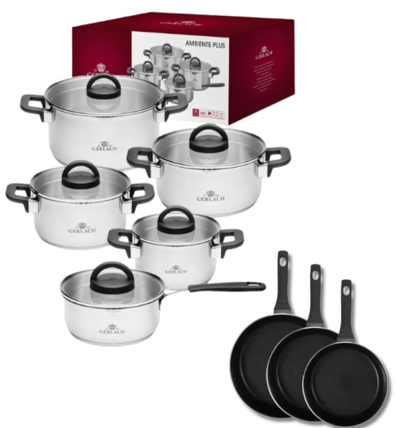 GERLACH AMBIENTE PLUS Komplet Garnki z pokrywkami 10 el - stal nierdzewna 18/10 + Patelnia Harmony Classic 20, 24, 28 cm