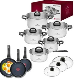 GERLACH AMBIENTE PLUS Komplet Garnki z pokrywkami 10 el - stal nierdzewna 18/10 + Patelnia Gerlach Ambiente ThermoCoat 20, 24, 28 cm + pokrywki szklane