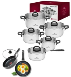 GERLACH AMBIENTE PLUS Komplet Garnki z pokrywkami 10 el - stal nierdzewna 18/10 + Patelnia Gerlach Ambiente ThermoCoat 20, 28 cm + pokrywki szklane
